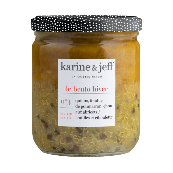 Bento collection hiver -  quinoa, fondue de potimarron, chou aux abricots, lentilles et ciboulette - 1
