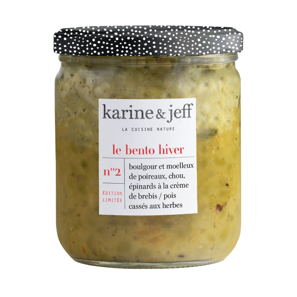 Bento collection hiver printemps -  boulgour et moelleux de poireaux, chou, épinards à la crème de brebis, pois cassés aux herbes - 1